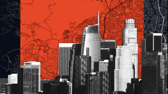 A digital rendering of a city skyline with buildings and a map representing a cover slide from ArcGIS StoryMaps